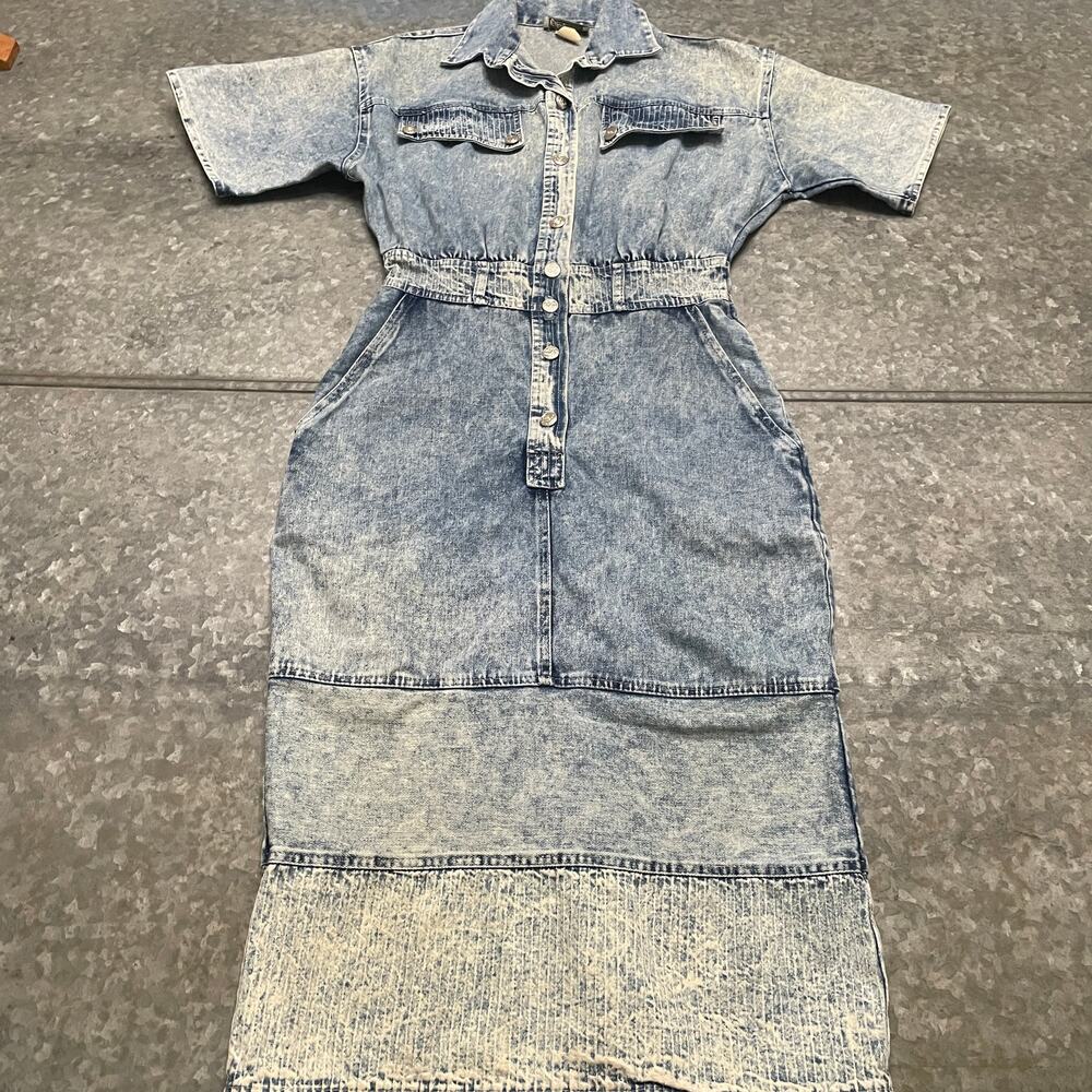 Vintage Acid Wash Patchwork Denim Jean Dress Medium Echo Fashion USA 80s 90s